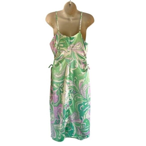 Christian Lacroix Woman's Sz L Green Pink Paisley Satin Keyhole Side Dress - Picture 5 of 11
